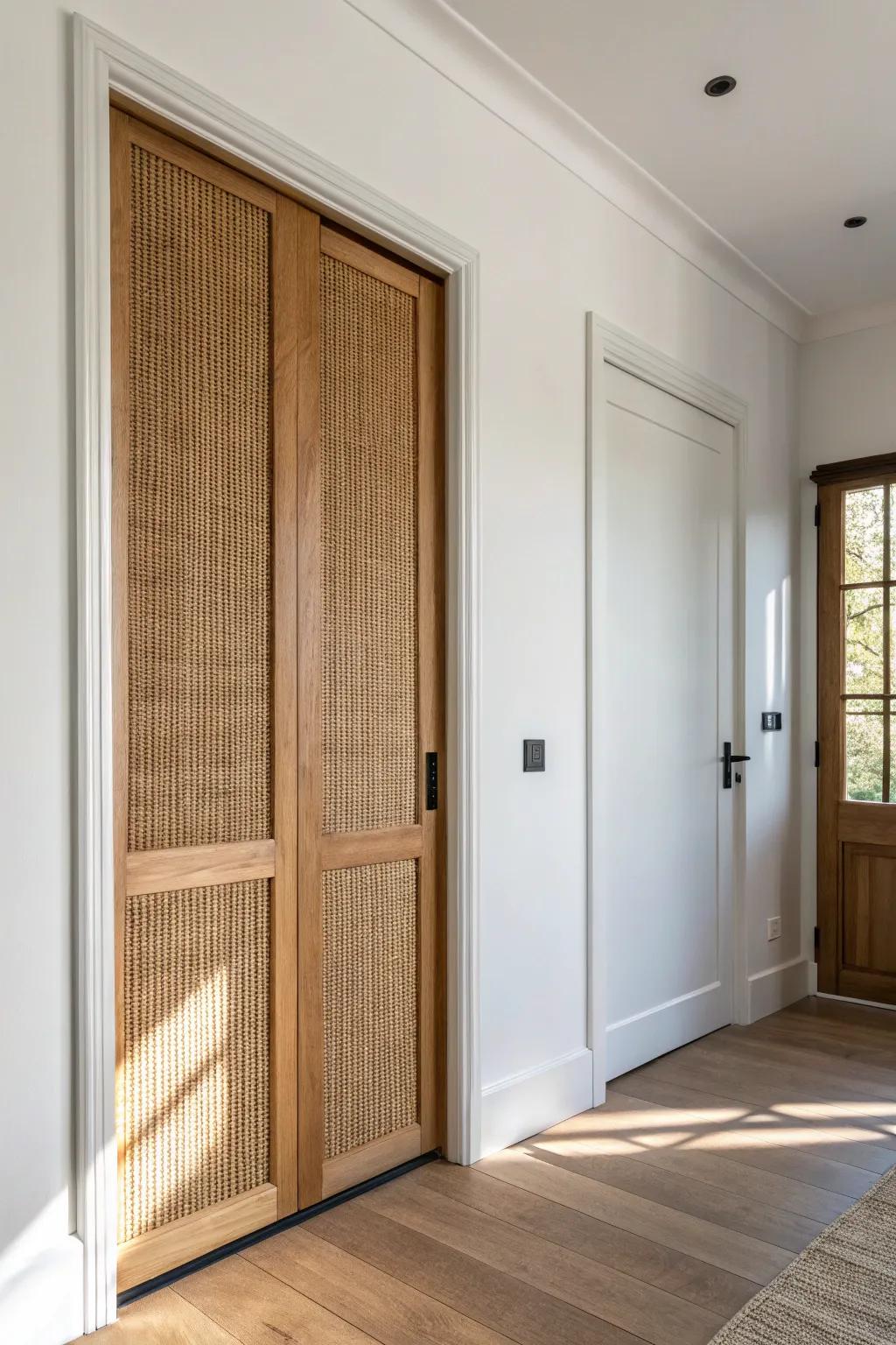 Pocket closet door magic: warm oak + cane slides away, saving every inch in small rooms.