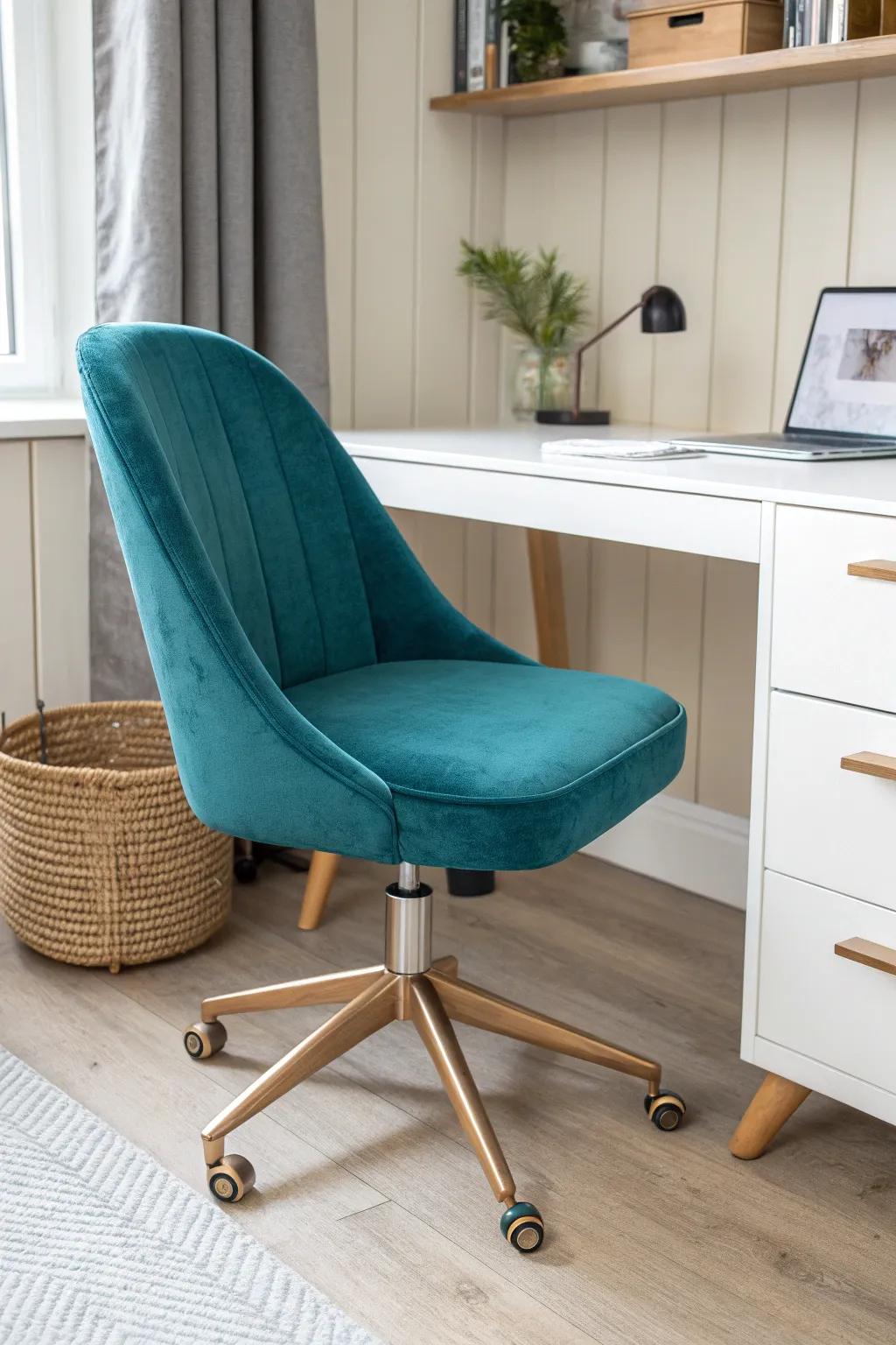 A slim teal chair that tucks away neatly—comfortable enough for hours in a tiny closet office.