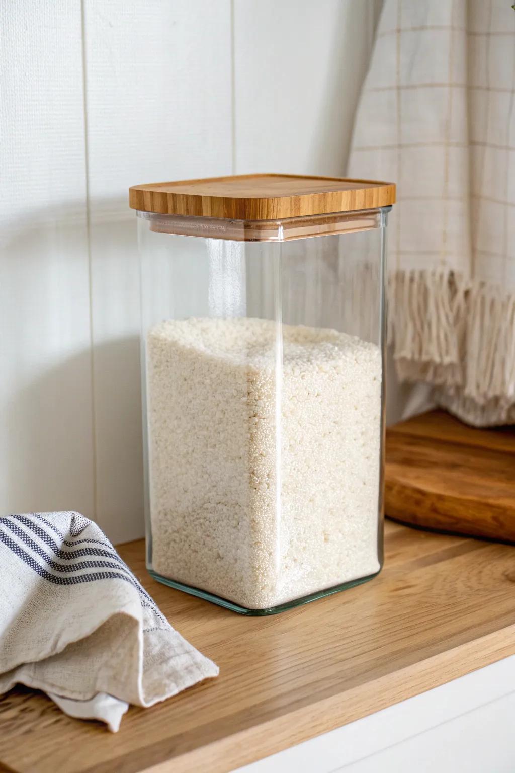 Decant dry goods into matching clear containers for a tidy, easy-to-scan closet pantry.