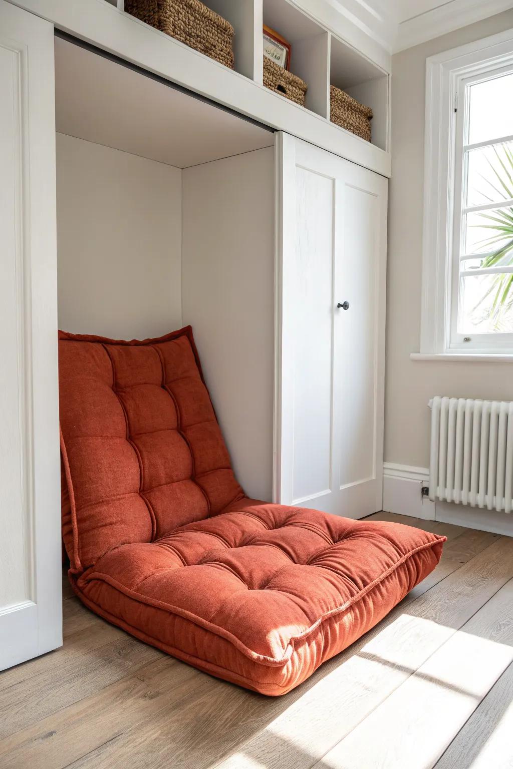A thick mattress-style cushion base makes a tiny closet nook feel irresistibly lounge-worthy.