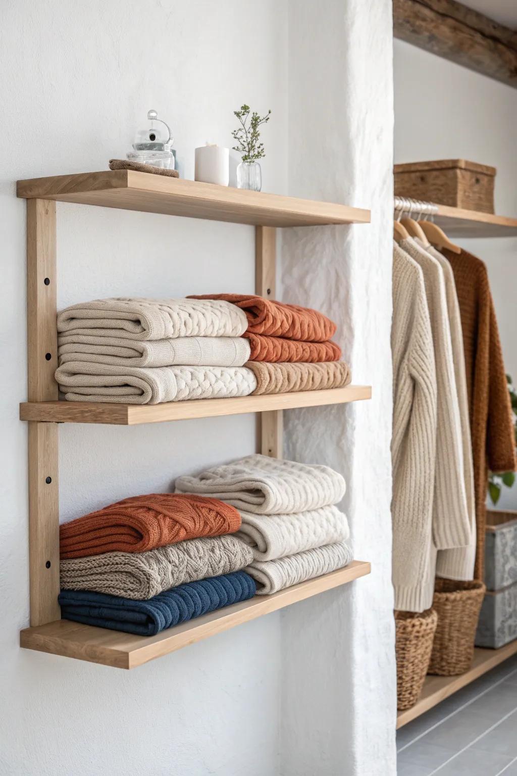 Turn knits into decor: file-folded sweaters on one open shelf—perfect for tiny spaces.