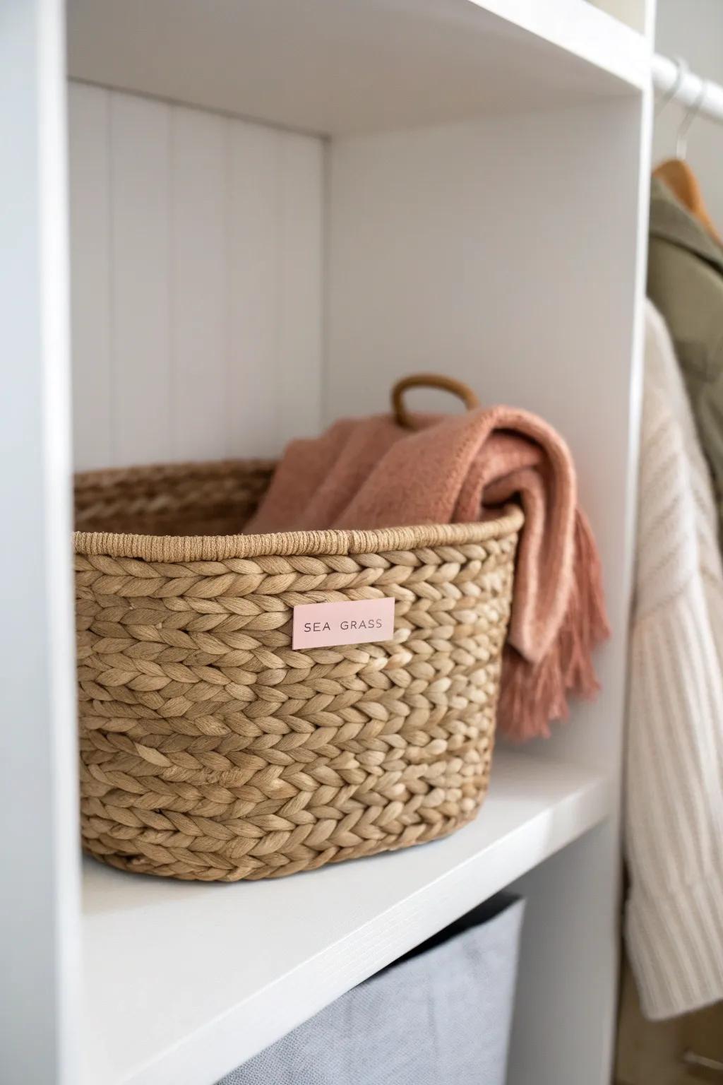 Make the top shelf a mini “attic”: one pretty bin stops hats, gloves & scarves from tumbling out.