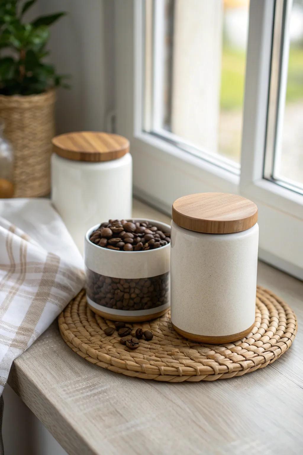 Matching airtight canisters for beans and sugar bring calm, styled order to a tiny coffee bar.