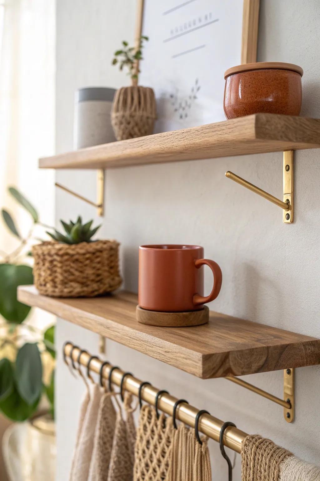 Floating shelves + mug hooks turn a tiny coffee corner into chic, space-saving decor.