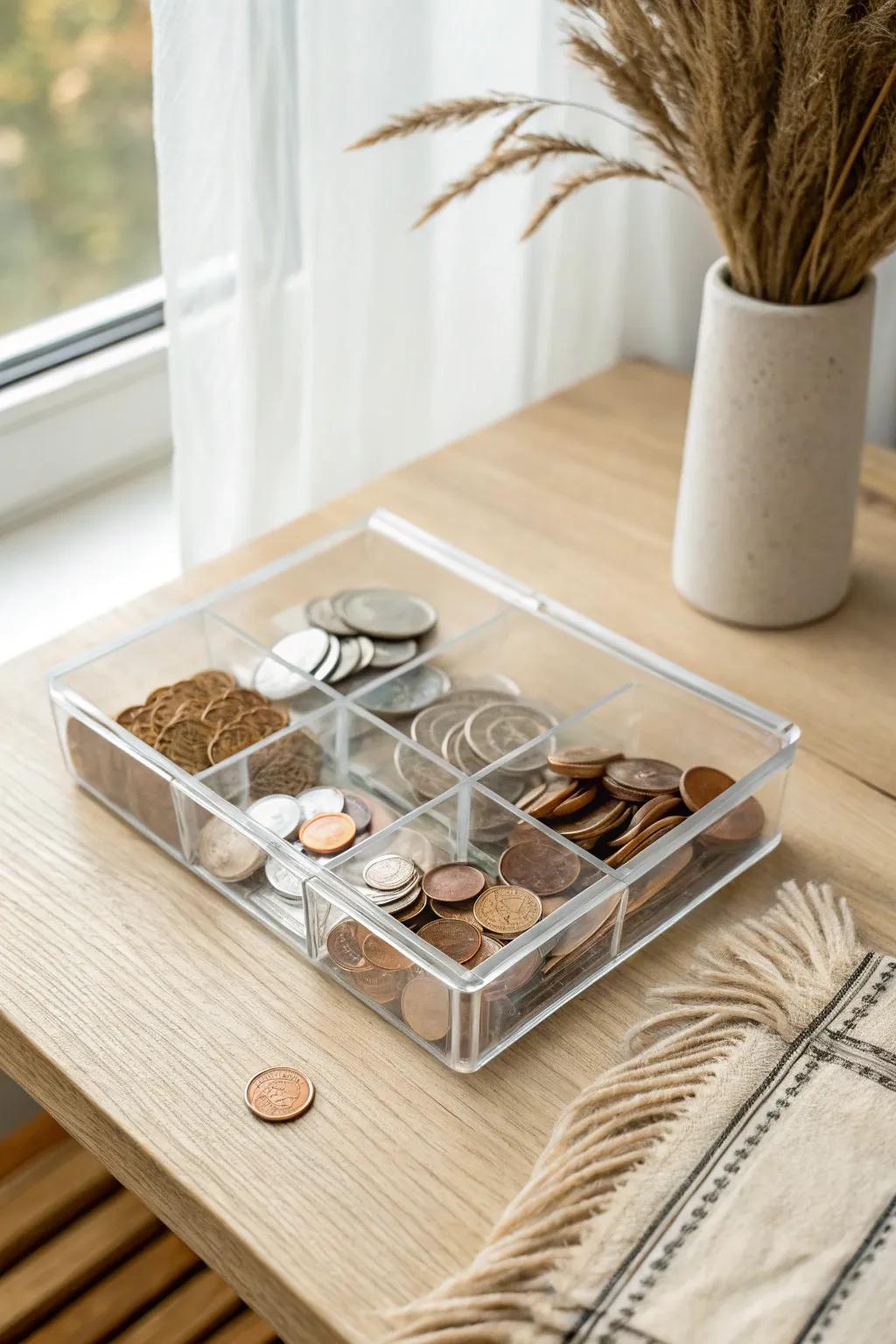 Clear divider box keeps every coin flat, sorted, and drawer-ready in the smallest spaces.