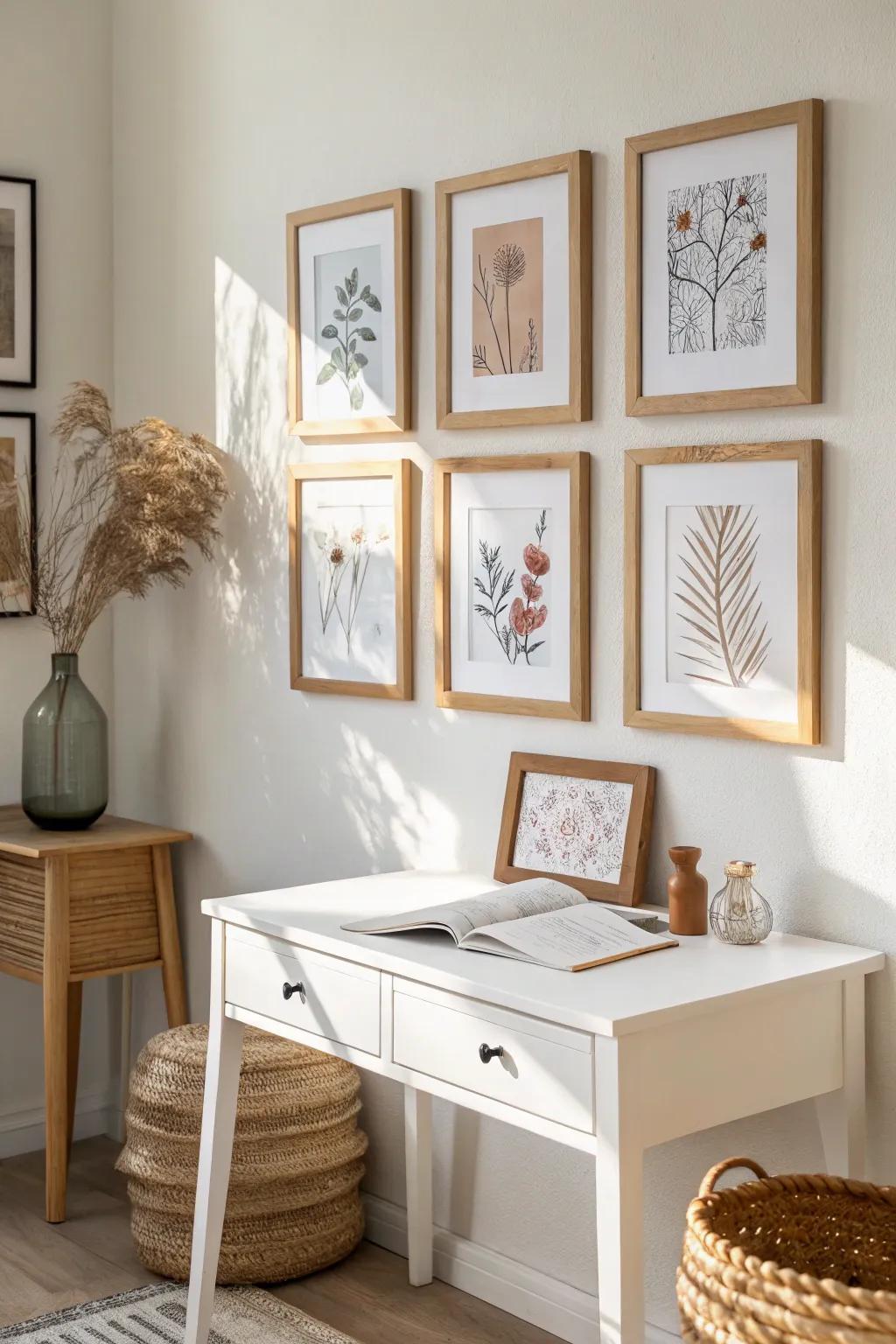 Mini gallery wall over your desk: matching frames, mixed art, zero floor space needed.