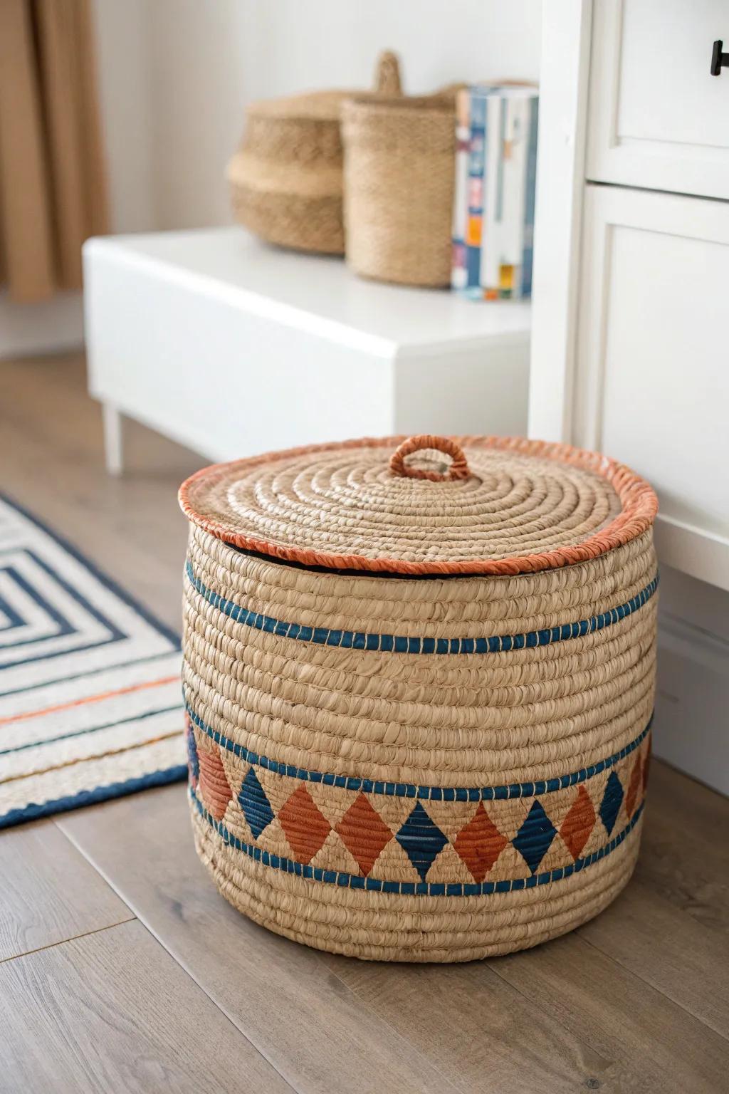 Lidded baskets hide toys in seconds—perfect for a two-minute reset before video calls.