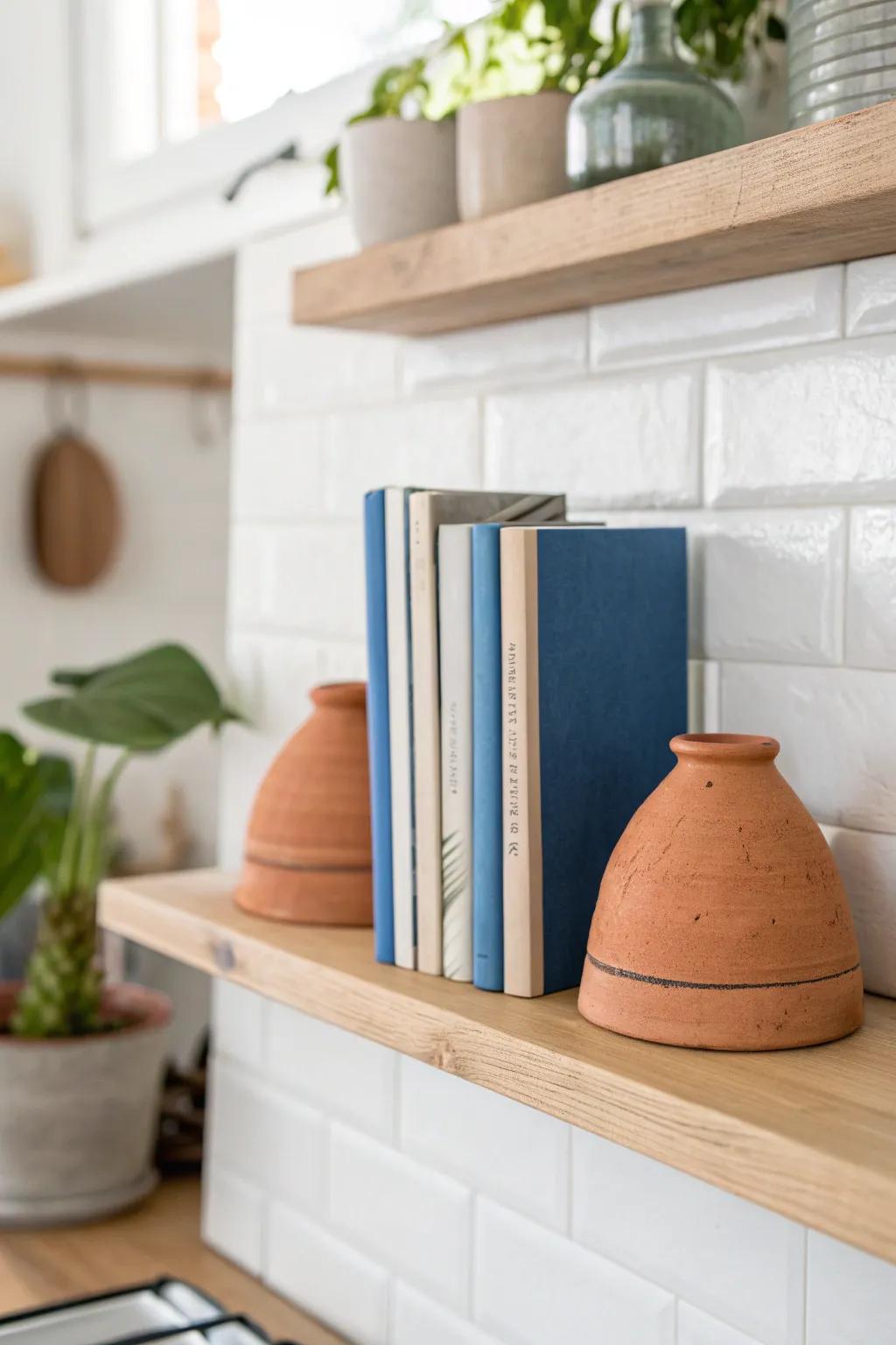 Simple bookends keep cookbooks upright on open shelves—no more leaning or domino spills.