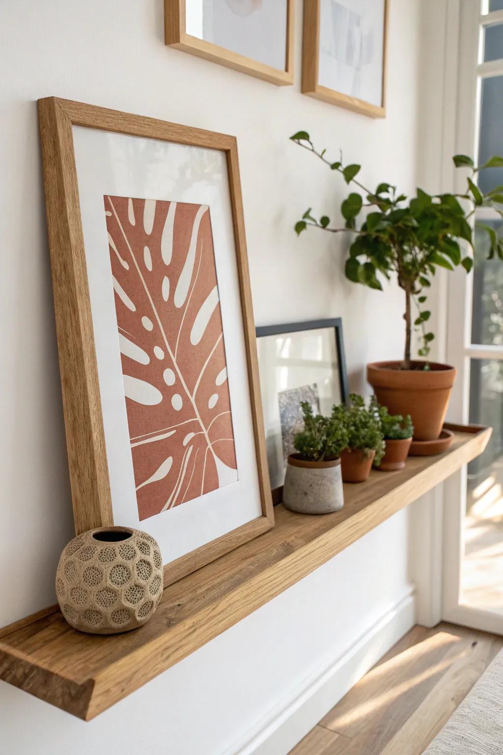 Picture ledge shelf styling: swap art easily and build a layered, collected look in small spaces.