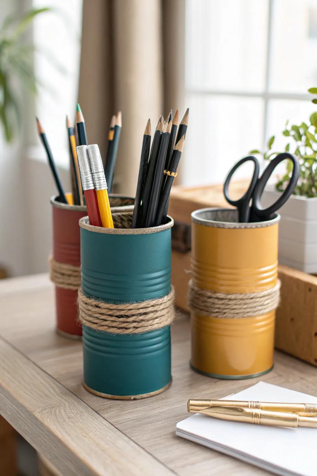 Three chic tin-can pencil cups—pens, scissors, markers—tidy your desk without bulky organizers.