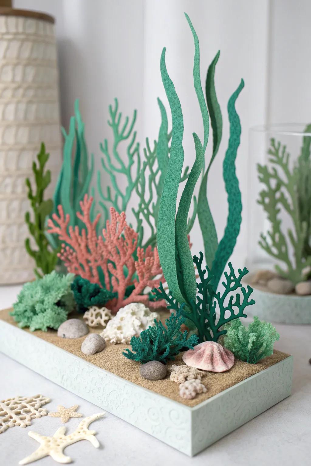 Dive into tranquility with a touch of elegance: A serene seaweed scene in a coral reef diorama.