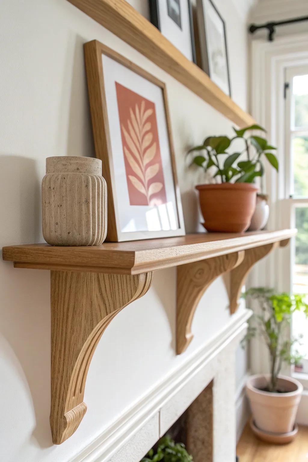 Corbel picture ledge for layering art + a small plant—seasonal swaps, zero extra nail holes.