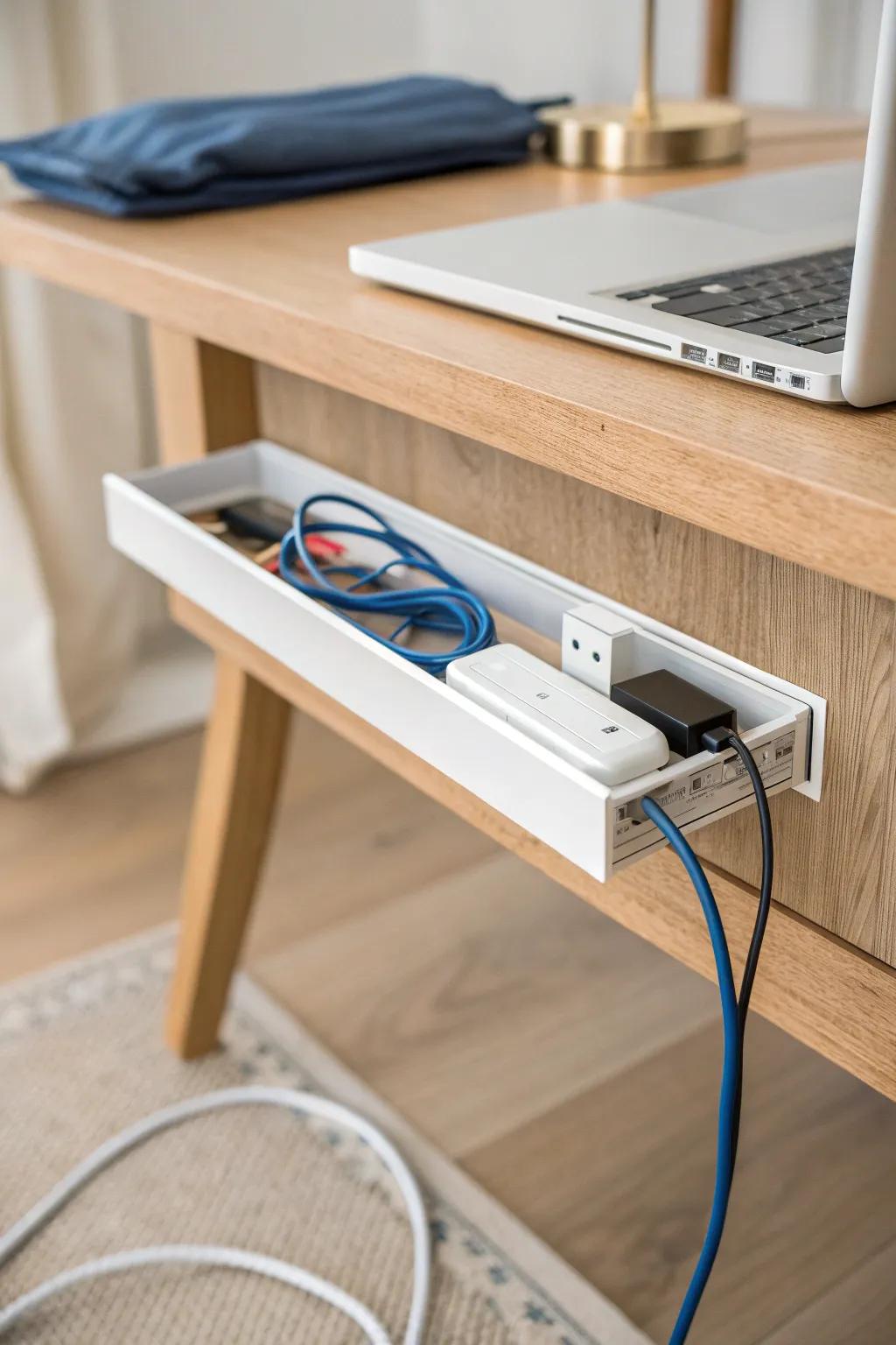 Mount an under-desk cable tray to hide bricks and slack—no more cord clutter on the floor.
