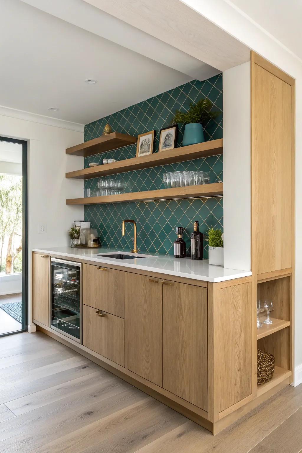 Built-in corner bar nook: seamless oak counter, bold tile backdrop, and shelves made for hosting.
