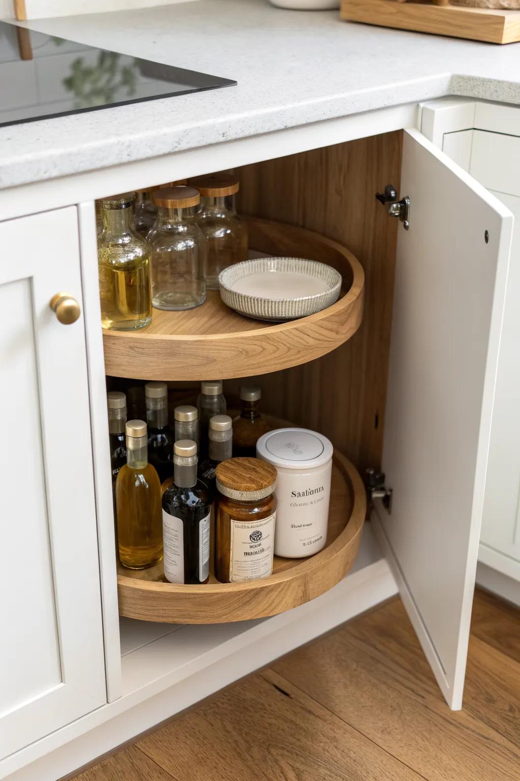A wooden Lazy Susan turns a corner cabinet into an easy-grab station for everyday essentials.
