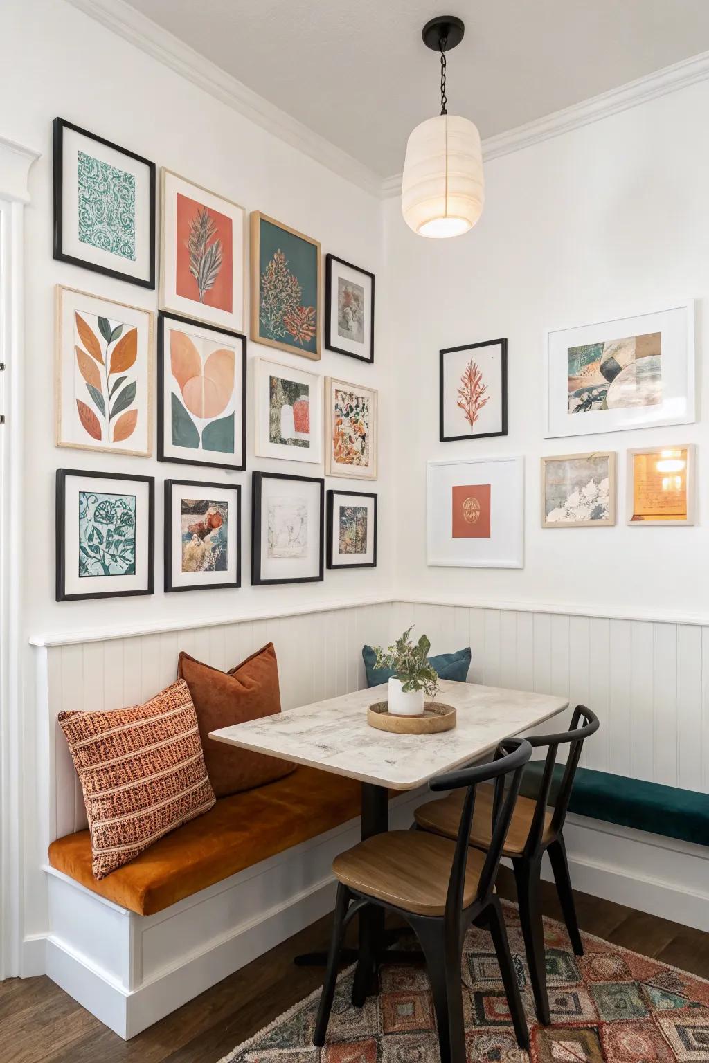 Same thin frame finish, mixed art sizes—this corner gallery wall makes awkward angles look chic.