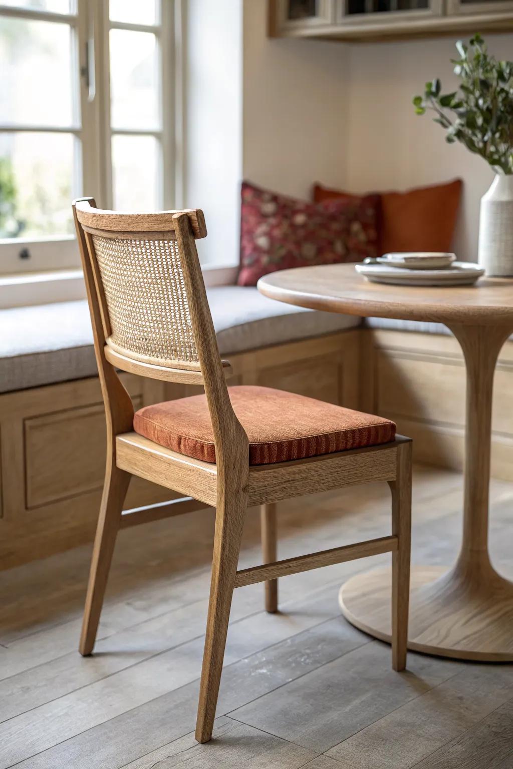 Two light chairs on the open side keep your corner table flexible and the walkway clear.