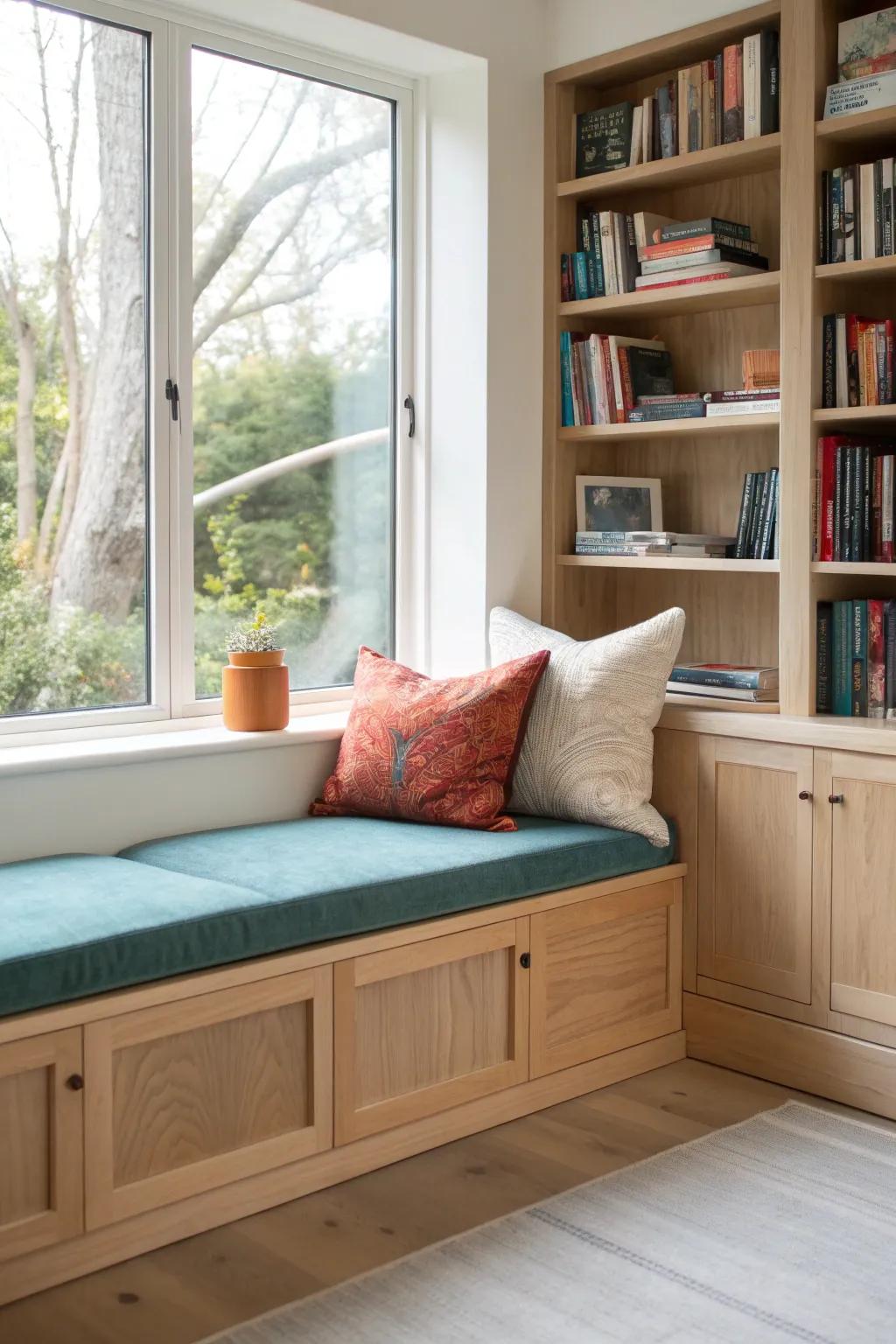 Sunlit window-corner library bench with bold teal cushion—cozy reading, small-space smart.