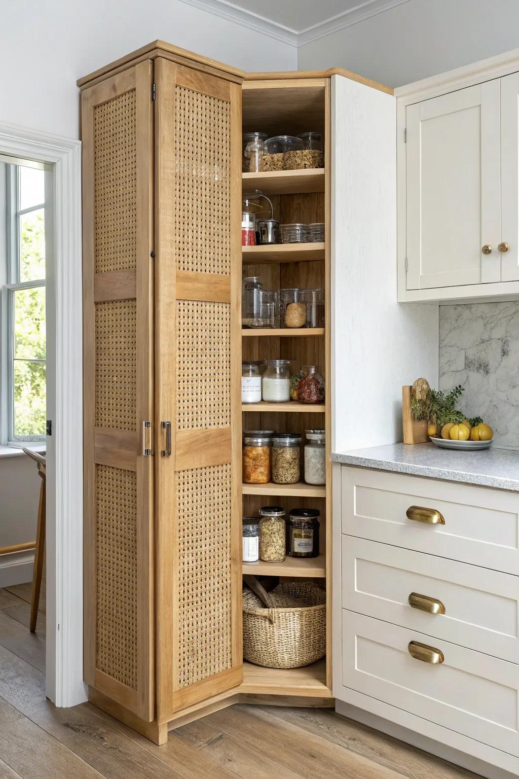 Wrap-around corner pantry shelves keep every category visible—no stacking, no digging.