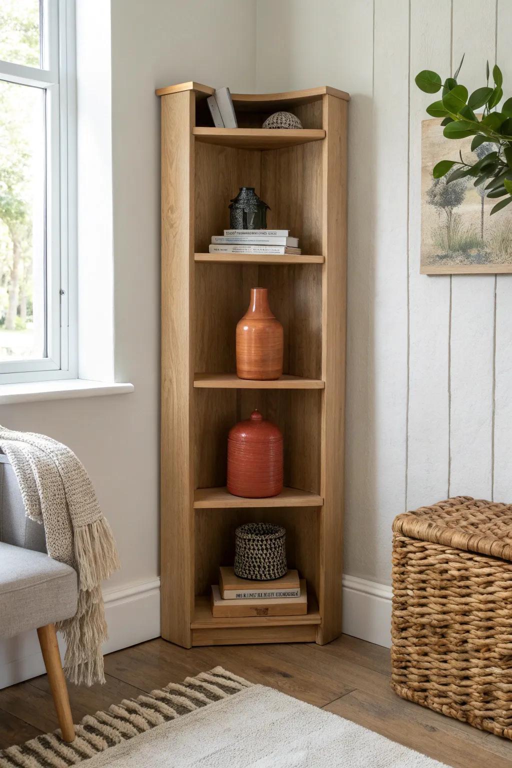 Wraparound L-shaped corner shelving that turns awkward corners into sleek, usable storage.