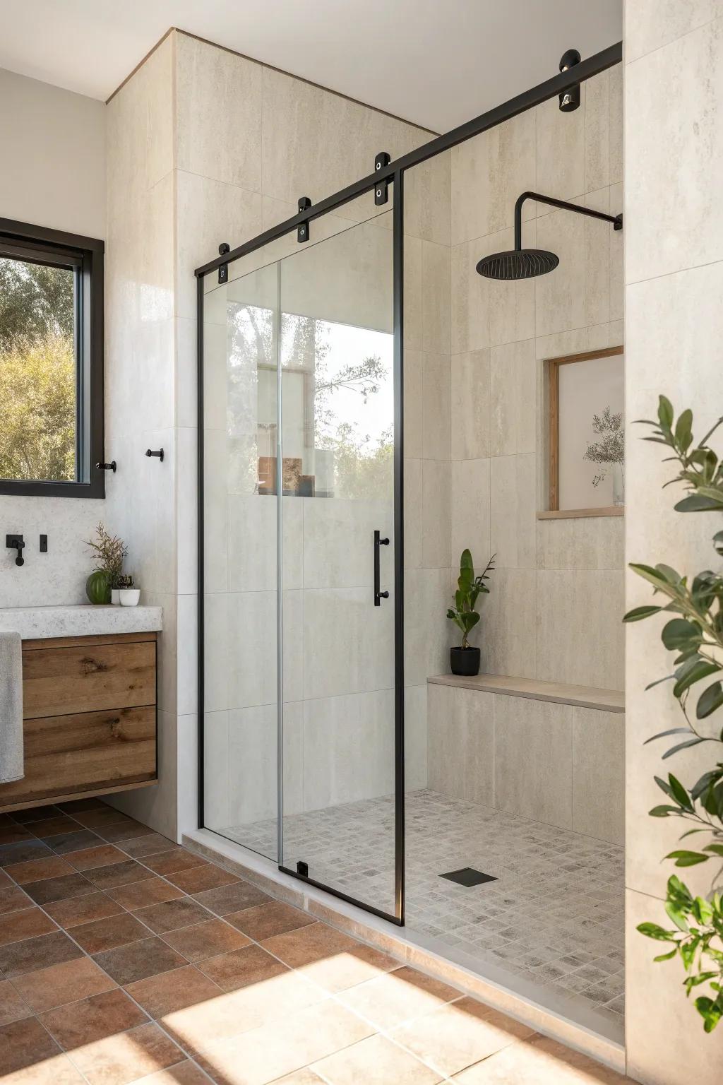 A sleek corner sliding shower door saves space—no more bumping the vanity or toilet.