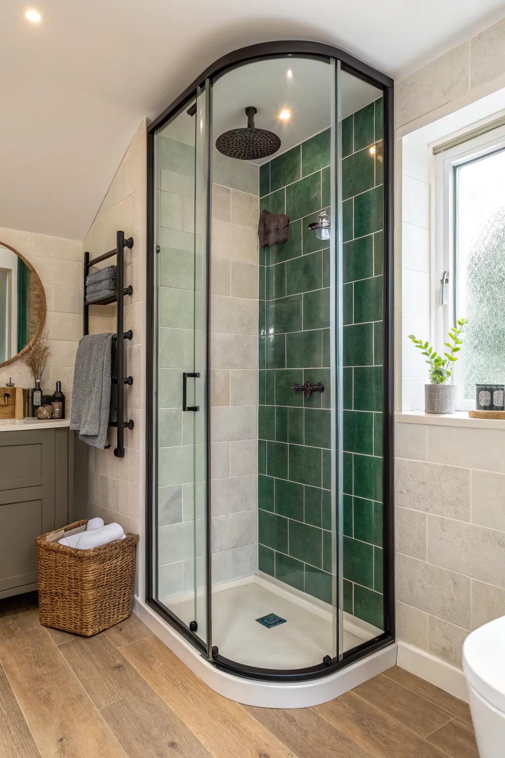 A curved corner shower softens tight bathrooms—sleek, space-saving, and beautifully minimal.