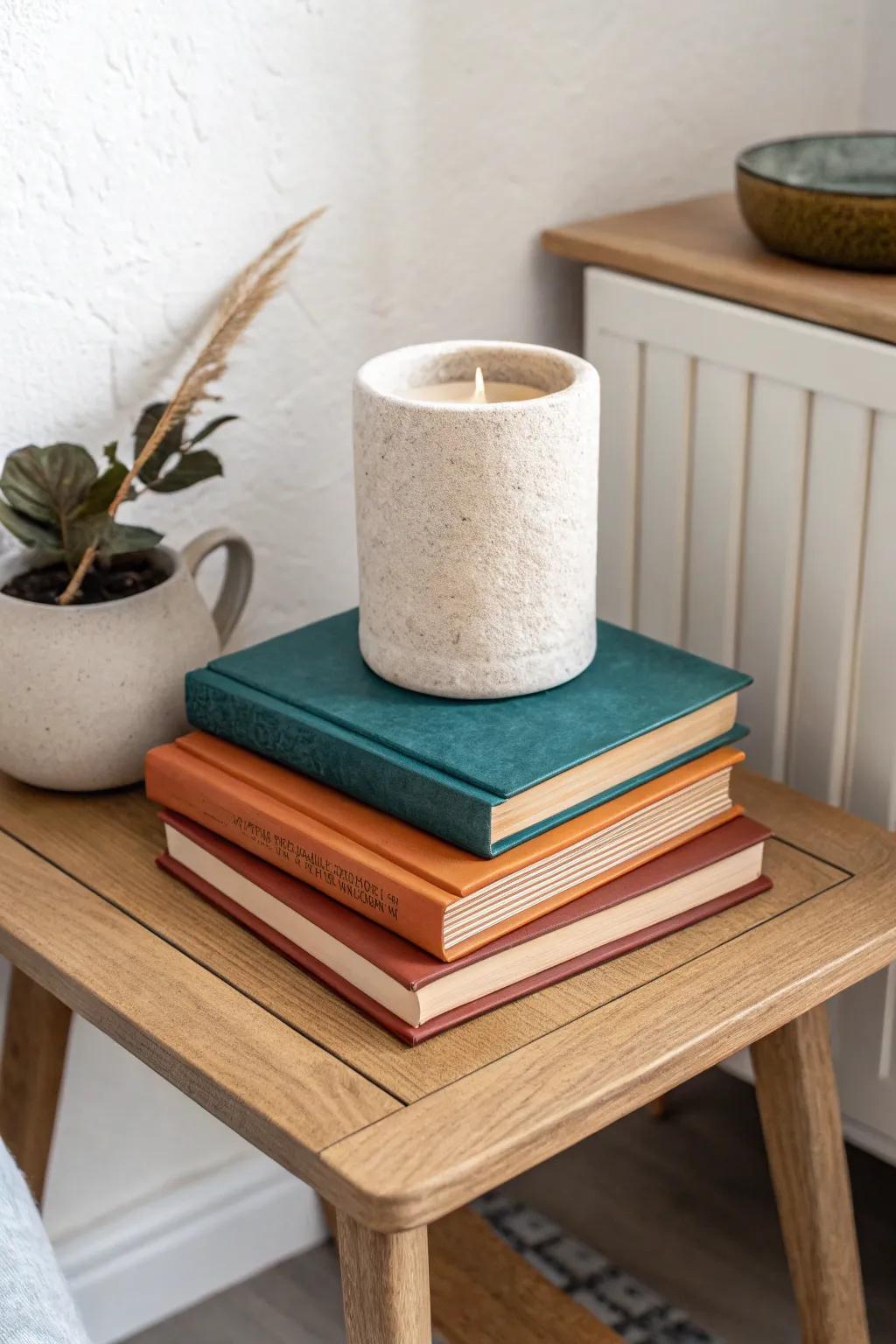 Stacked books turn your corner table into a chic riser for a candle—small space magic.
