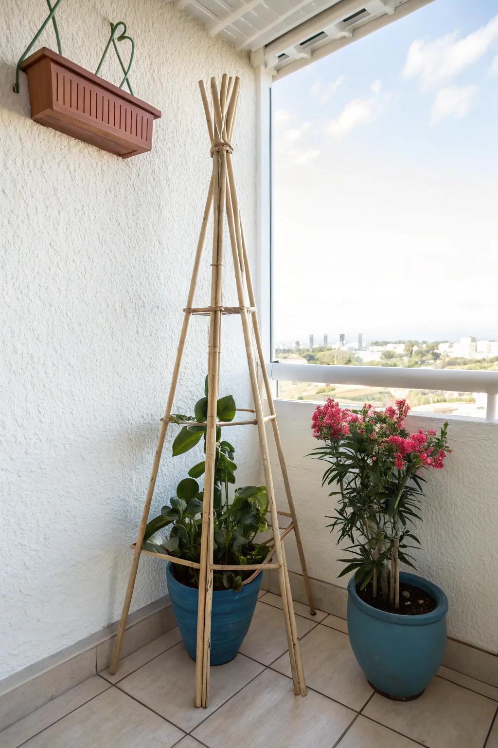 Freestanding tripod corner trellis: add vertical greenery in a balcony corner without wall mounts.