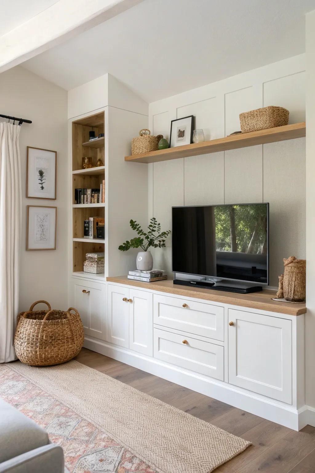 Make the corner intentional: an L-shaped media wall with wraparound storage and warm oak.