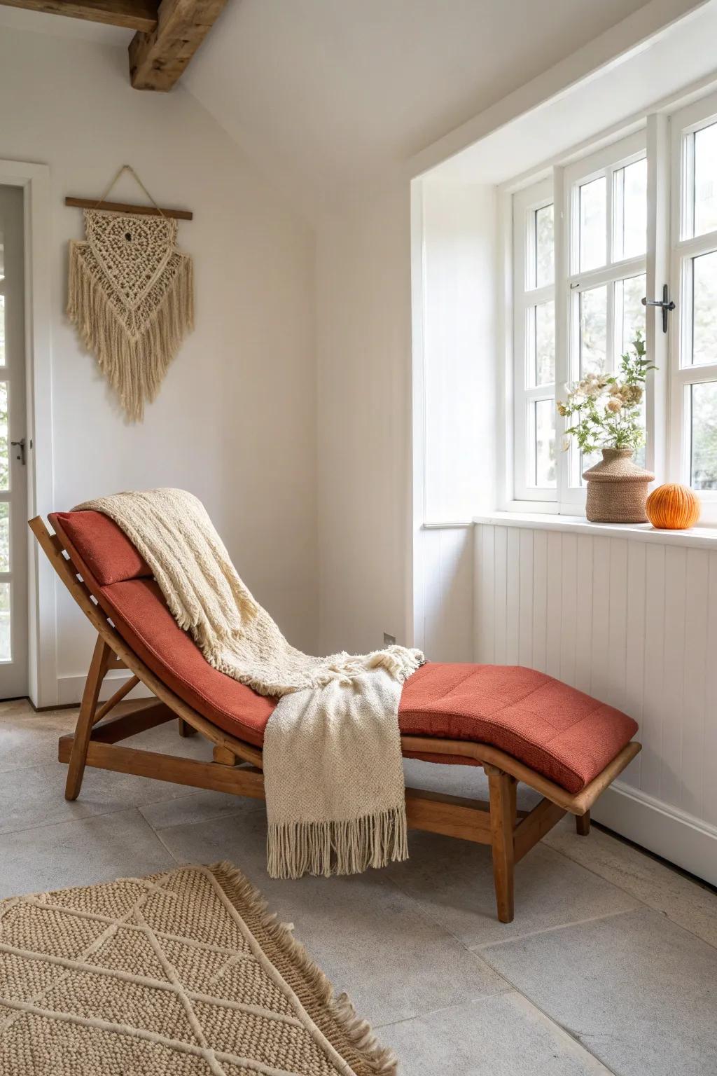 A chaise along the wall keeps a small living room open—cozy lounging without couch bulk.