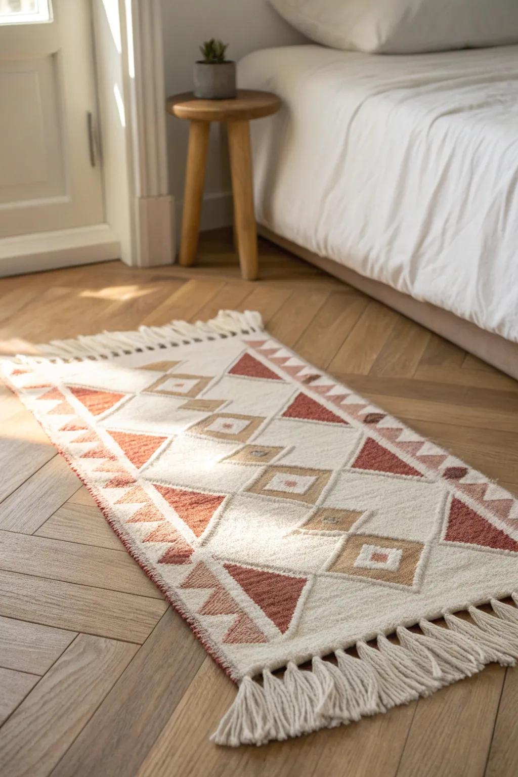 A plush bedside rug adds instant warmth—soft mornings start right where your feet land.
