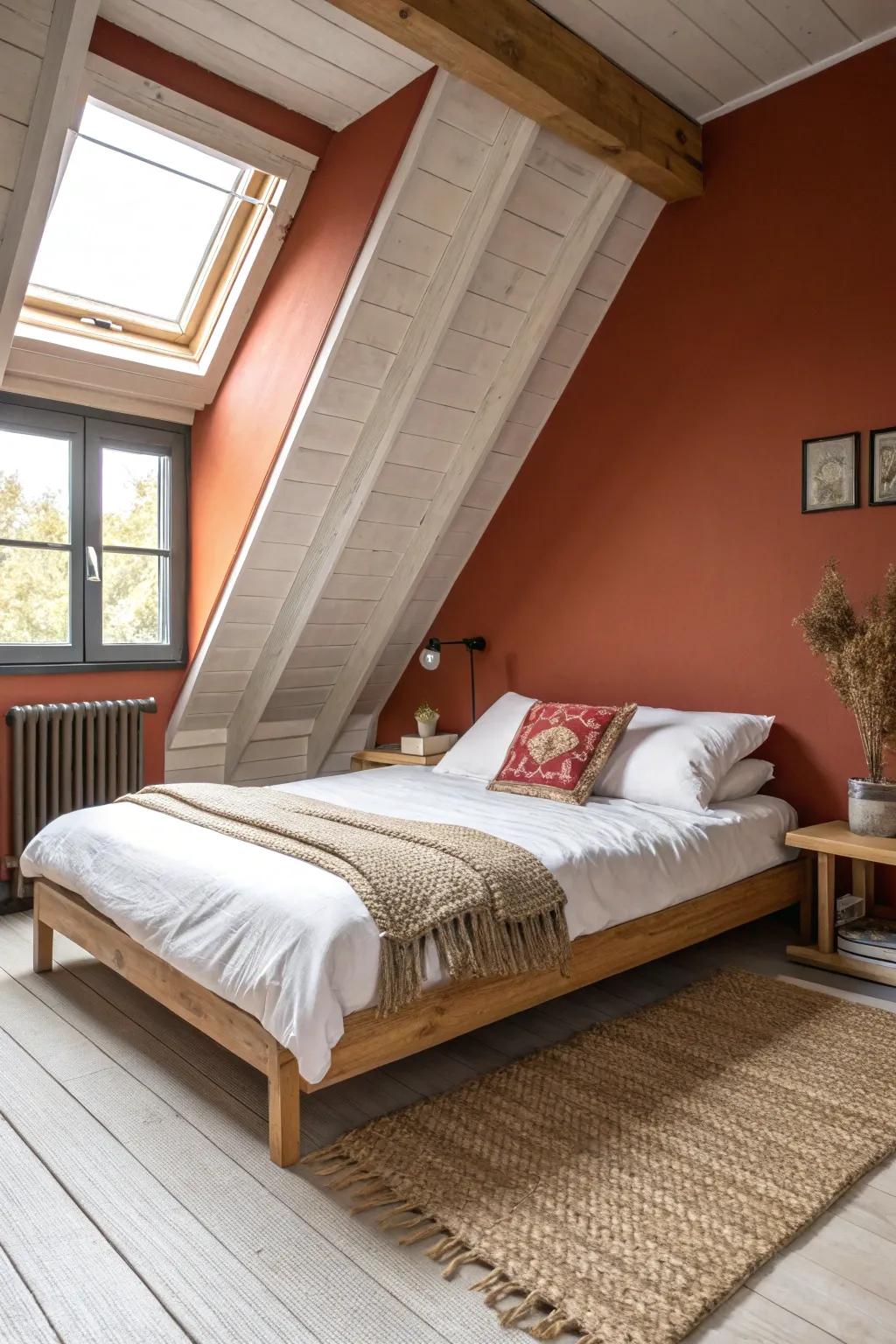 One bold hue from wall to ceiling turns awkward attic angles into a calm, cozy cocoon.