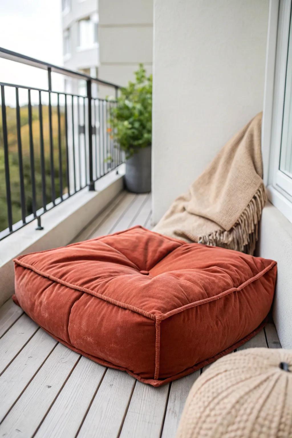 One oversized terracotta floor cushion turns a narrow balcony into a cozy lounge zone.