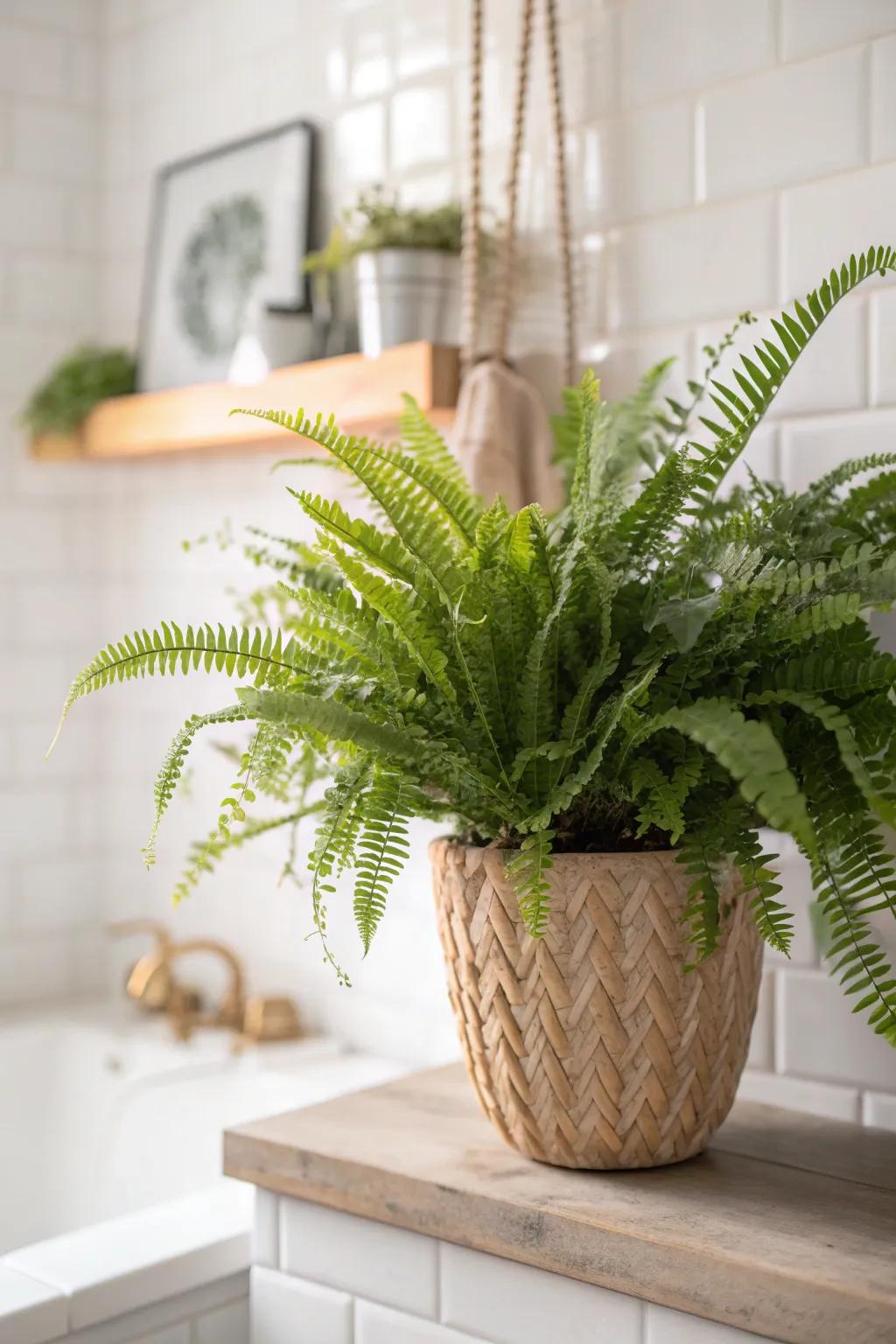 A single lush fern on a sunlit ledge turns your bathroom into a calm, spa-like retreat.