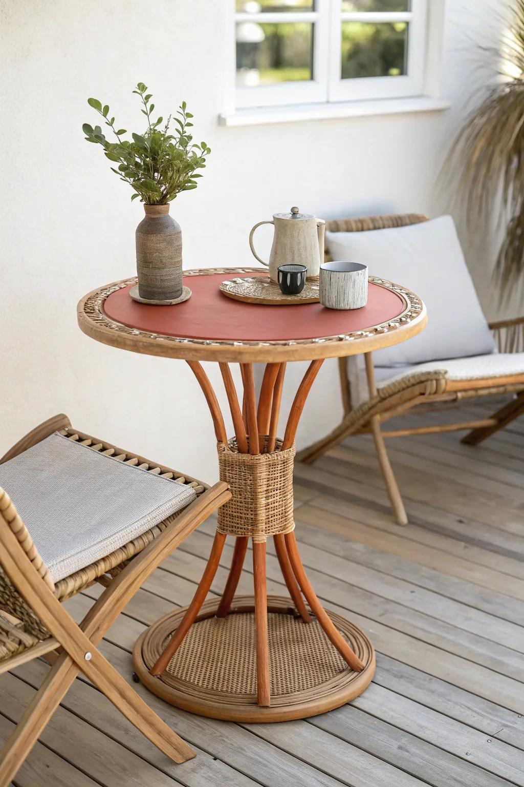A tiny bistro table between inward-facing chairs—everything within reach for cozy deck chats.