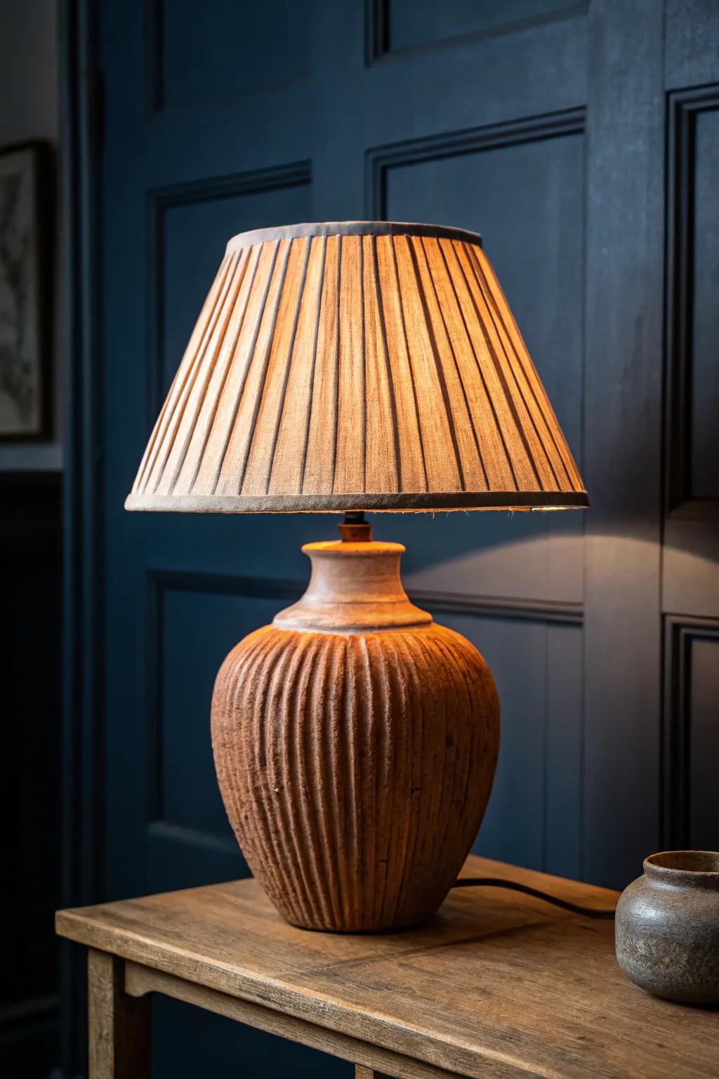 Go dark and moody: one warm artisan lamp against midnight walls makes any den feel cozier.