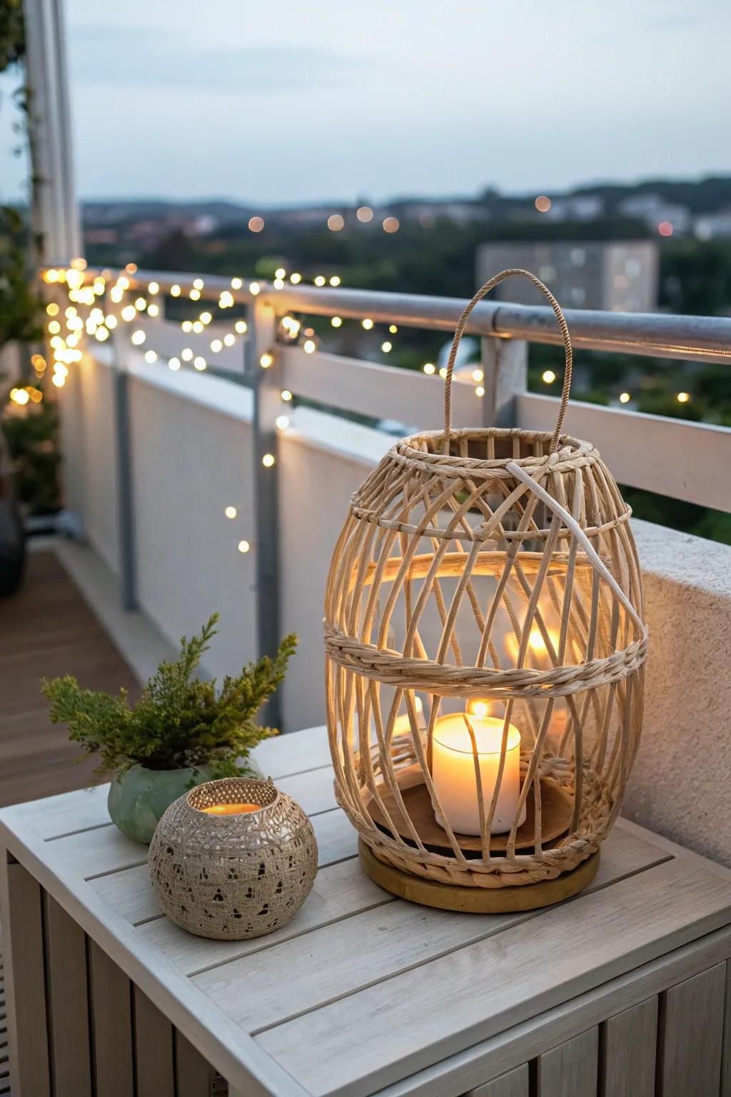 A warm rattan lantern + twinkling string lights: instant cozy glow for a small balcony.