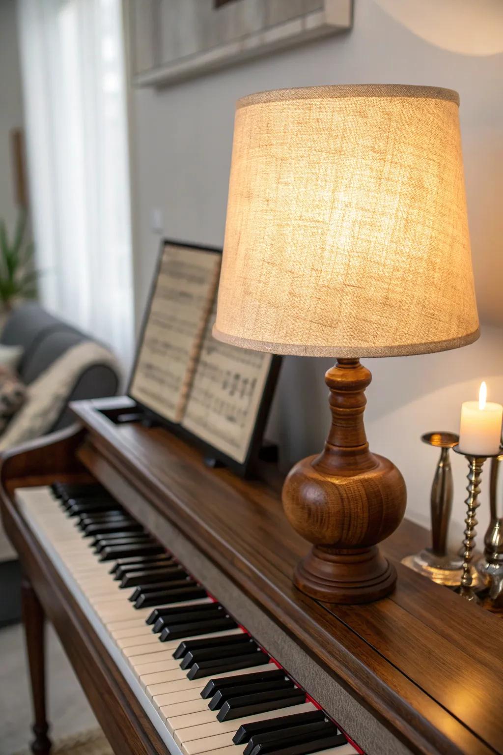 Warm, layered lighting: a table lamp on the piano makes small-space practice feel instantly cozy.