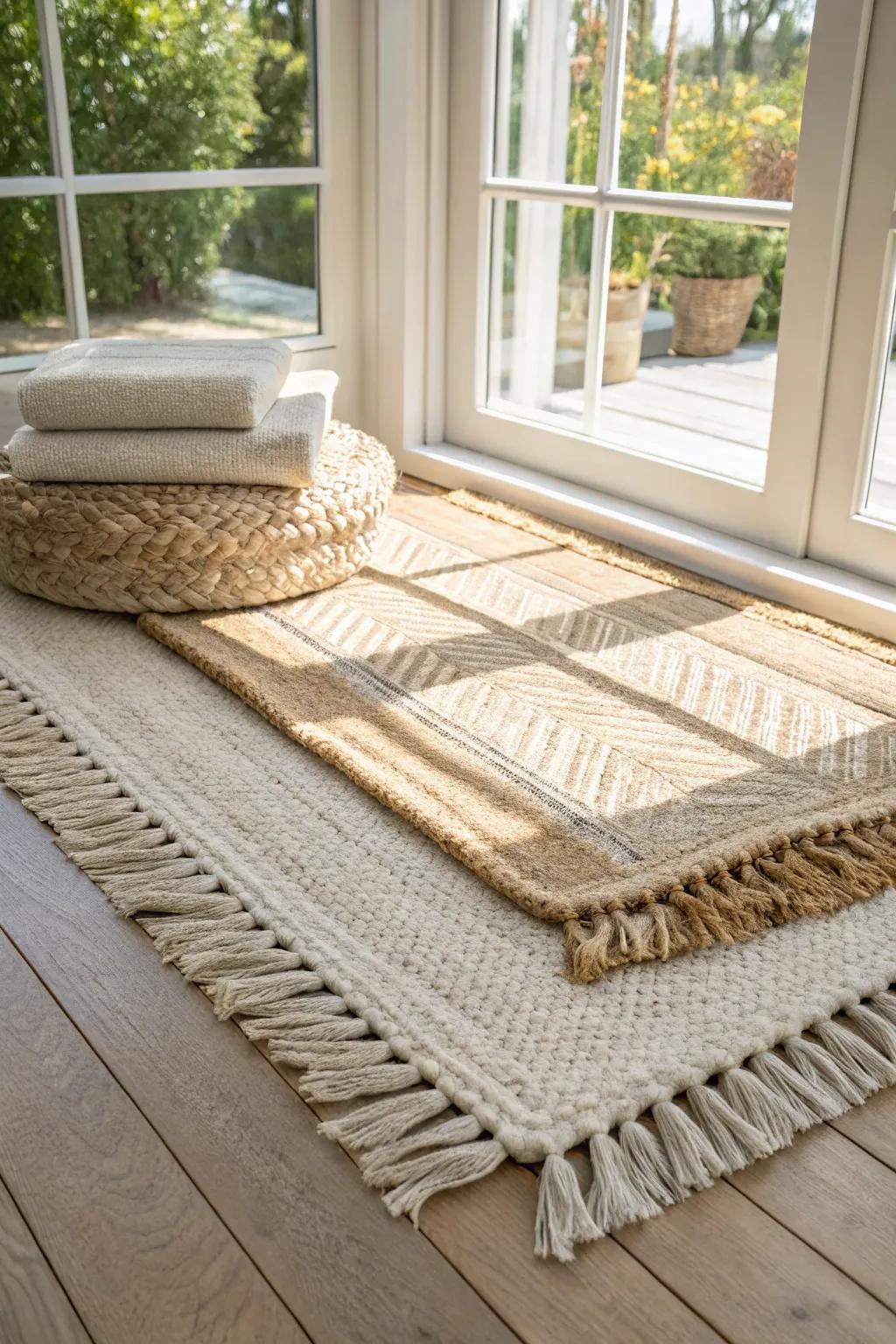 Layered rugs add instant warmth—texture, contrast, and a finished feel in a small sunroom.
