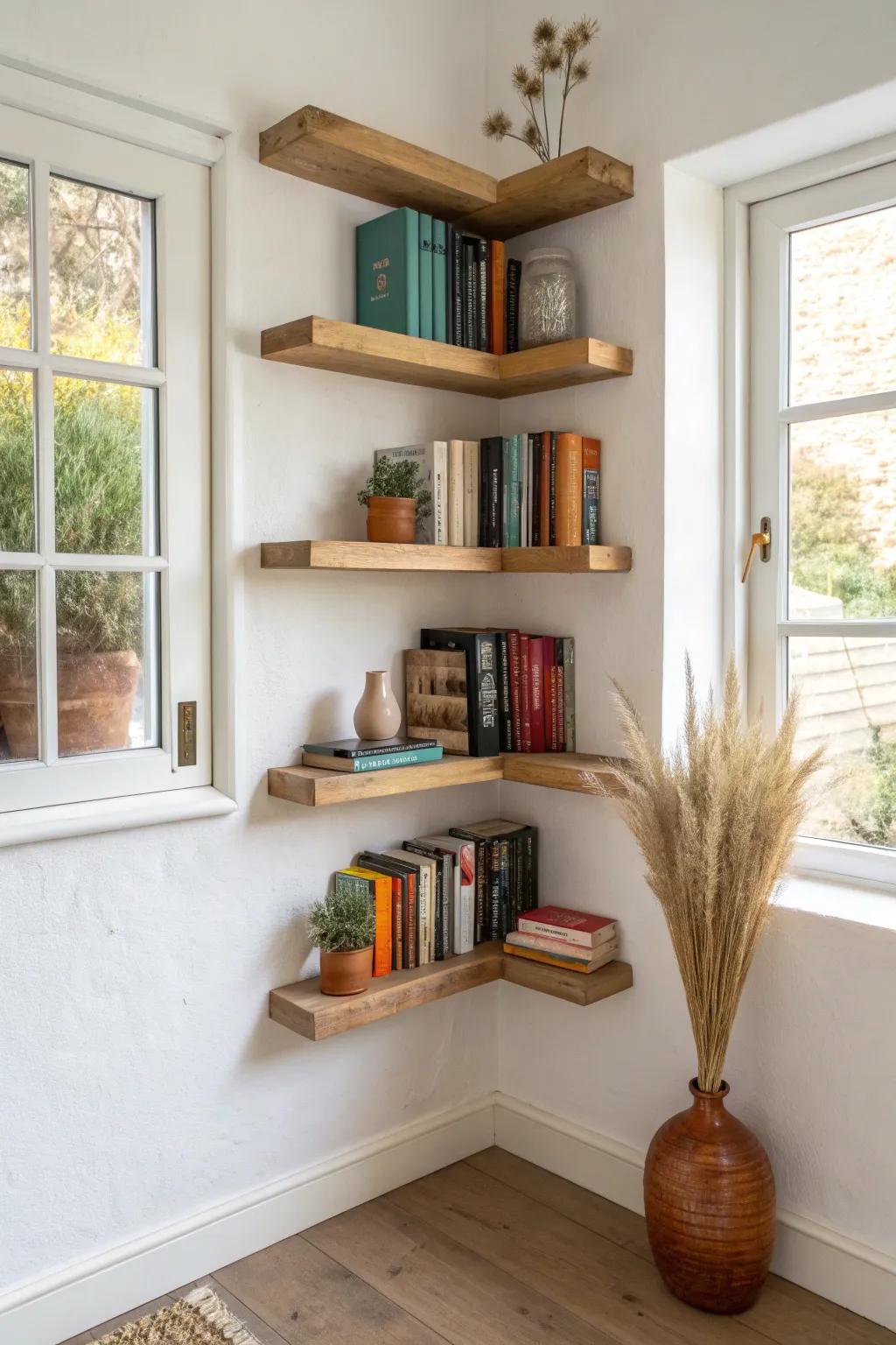 Turn an awkward corner into a wraparound bookshelf that stores more without stealing space.
