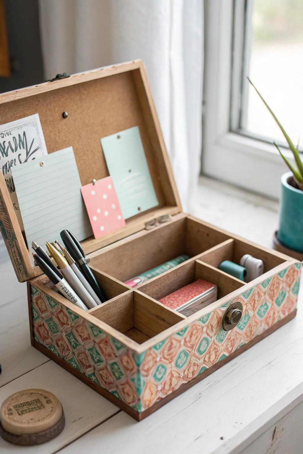 A cigar box desktop caddy: tiny-space friendly storage with minimalist style and bold contrast.