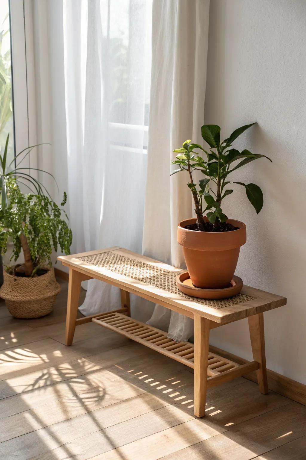 Low bench plant stand: lifts greenery by the window without blocking the light—simple and chic.