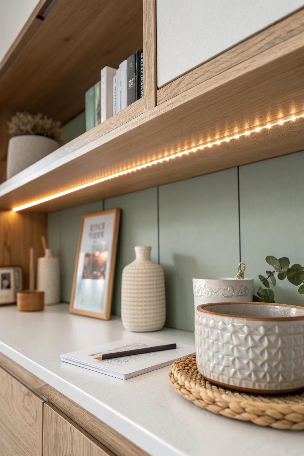 Under-shelf LED strip glow for even, shadow-free cubicle lighting—minimal, warm, and chic.