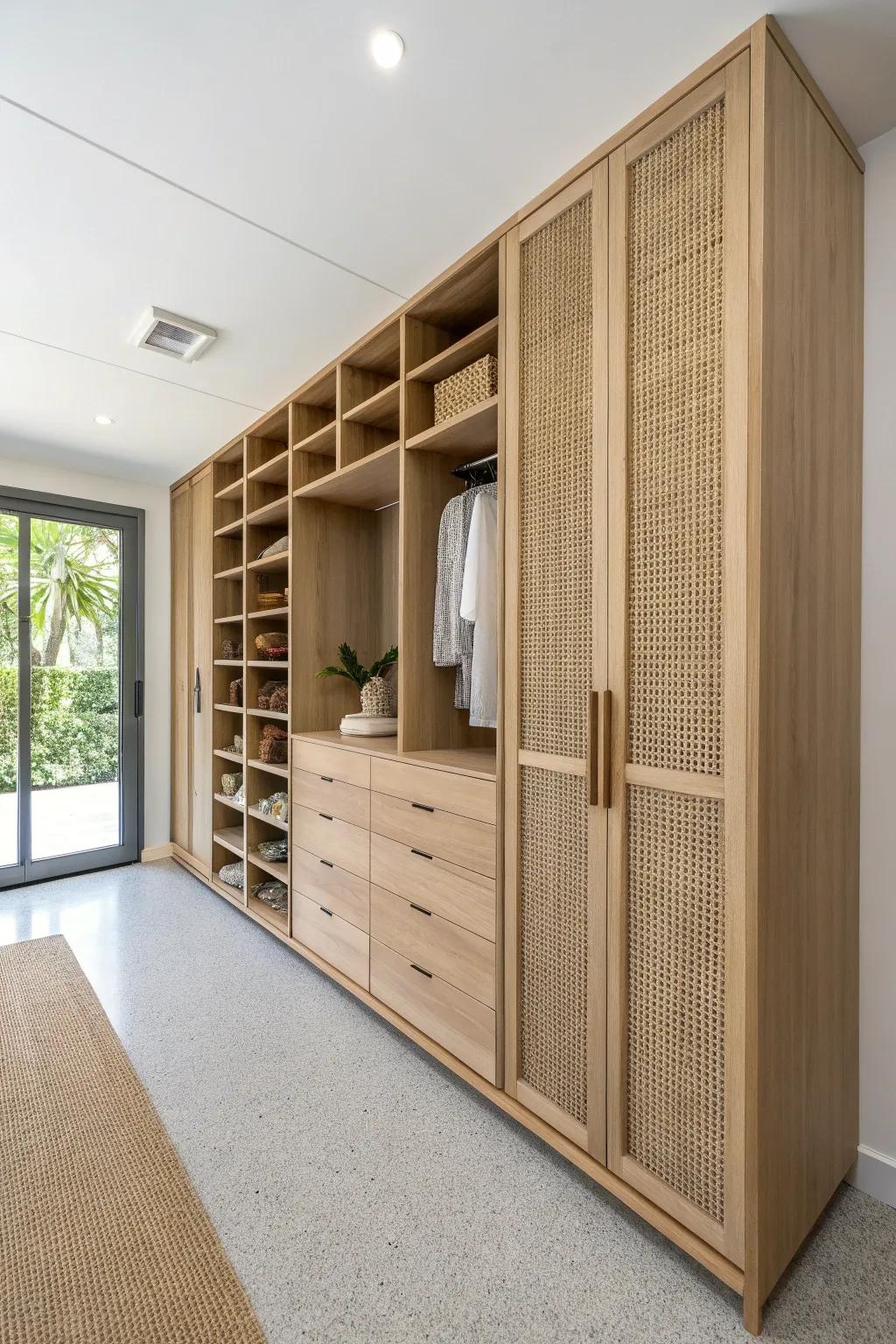 Floor-to-ceiling shelving makes a small closet feel luxe—top shelf for seasonal, rest stays clear.