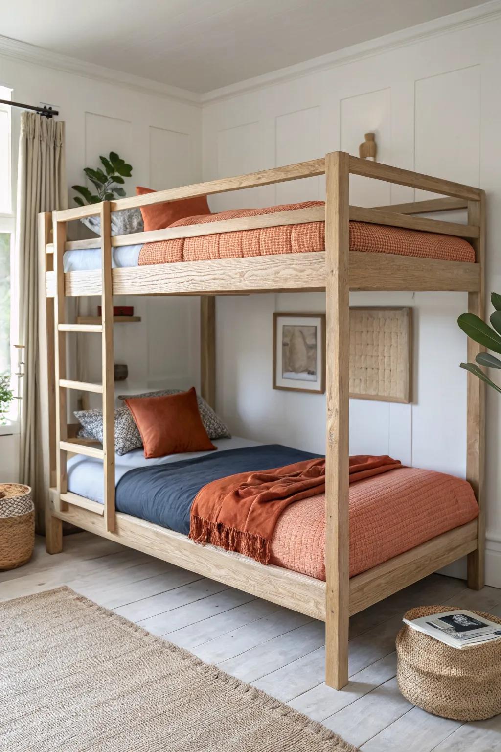 Space-saving bunk bed with mini bedside shelves—cute, calm style for sisters sharing.