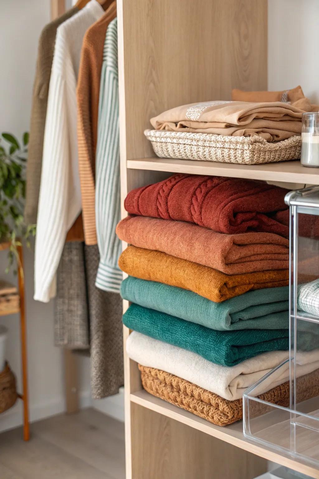 Sleek shelf dividers keep sweater stacks crisp—instant boutique vibes in a tiny closet.