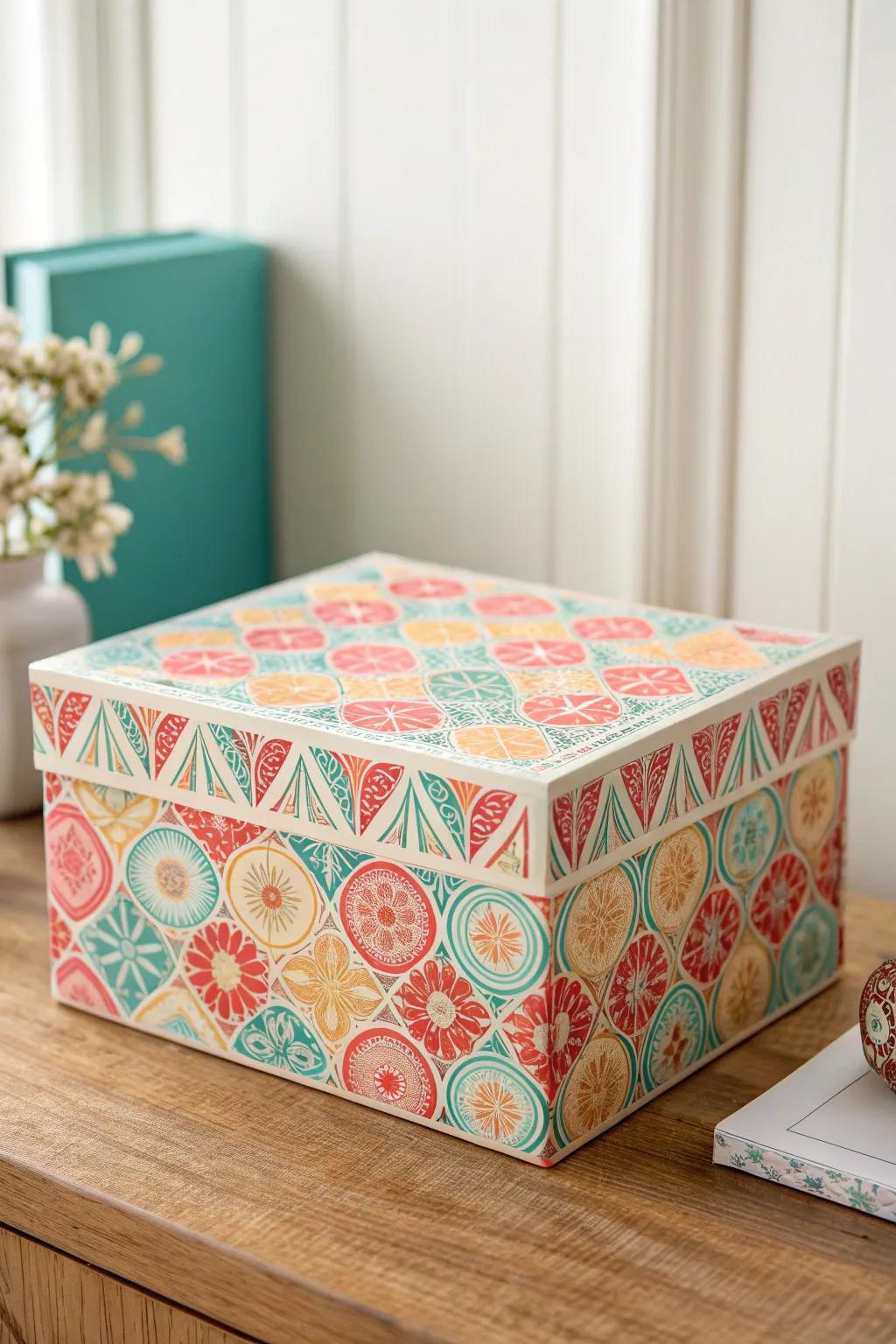 Decoupage a plain box with bold scrapbook paper—pretty storage for small-space clutter.