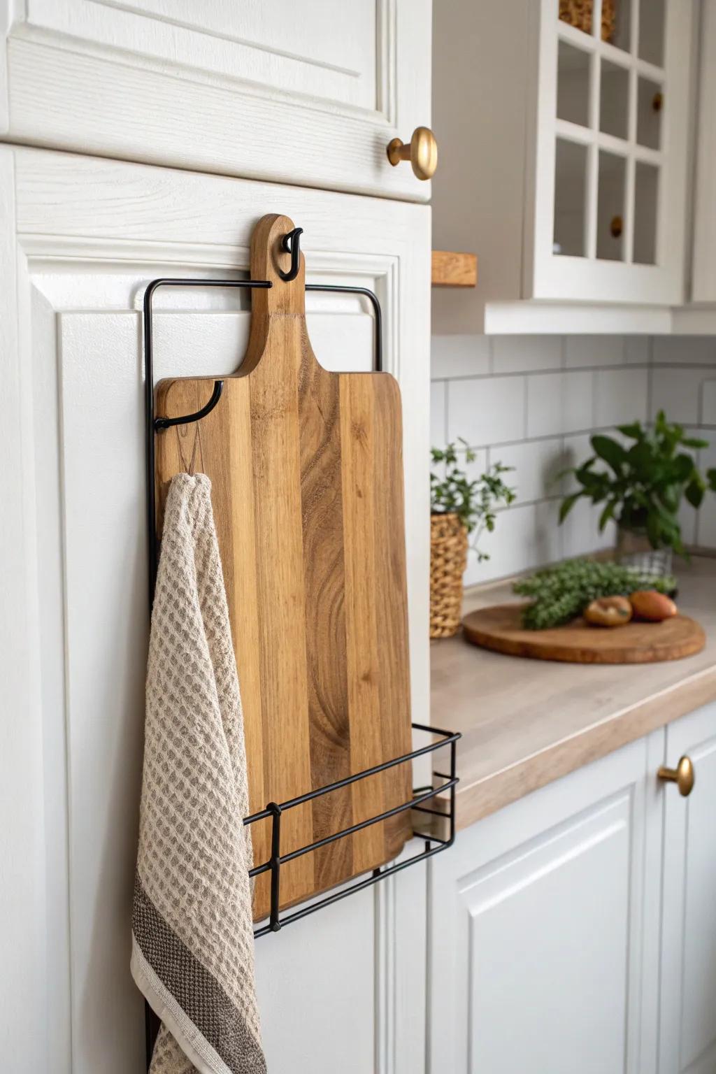 No-footprint cutting board storage: a slim rack mounted inside the cabinet door.