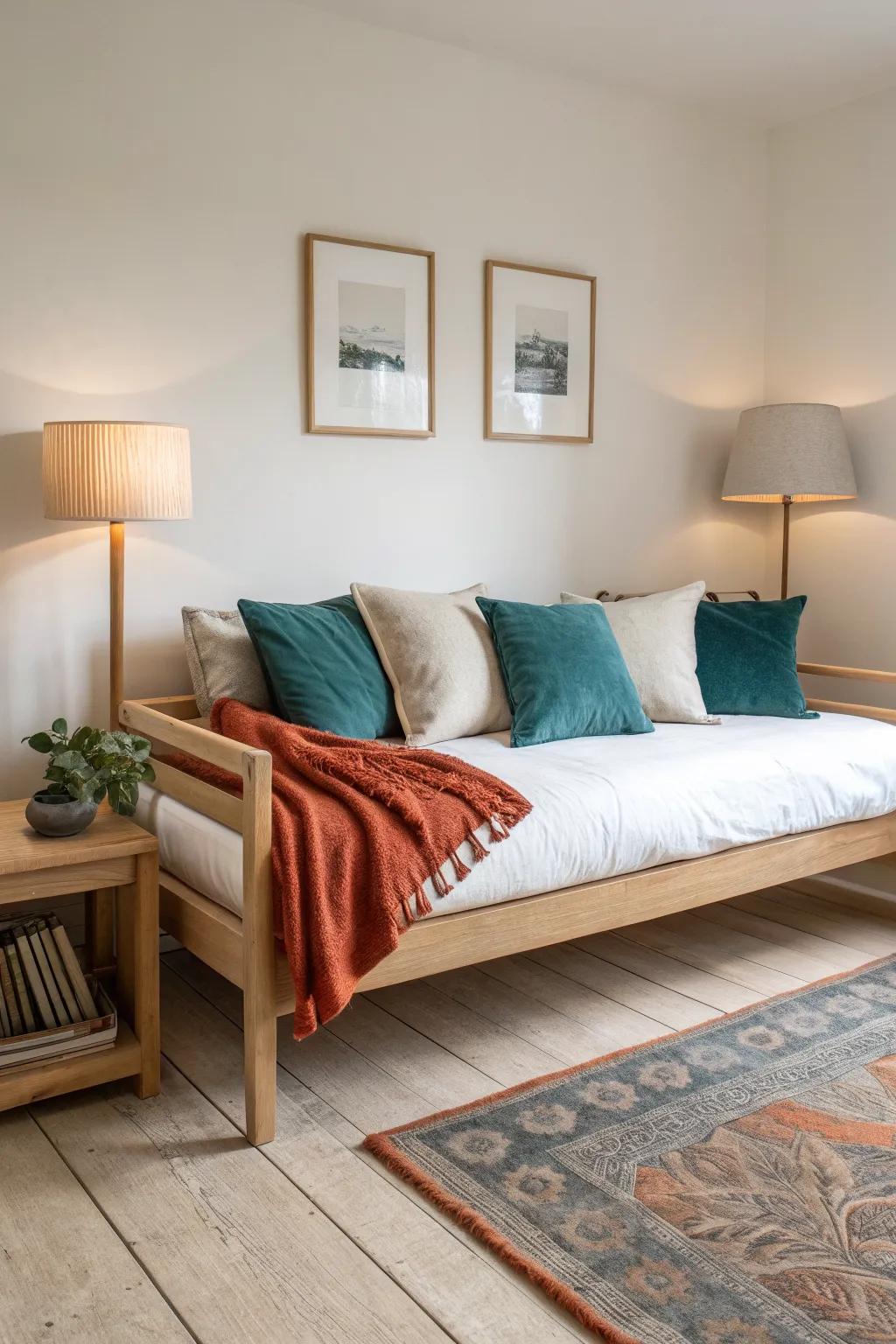 A symmetrical daybed setup with matching tables and lamps makes it feel like true living-room seating.