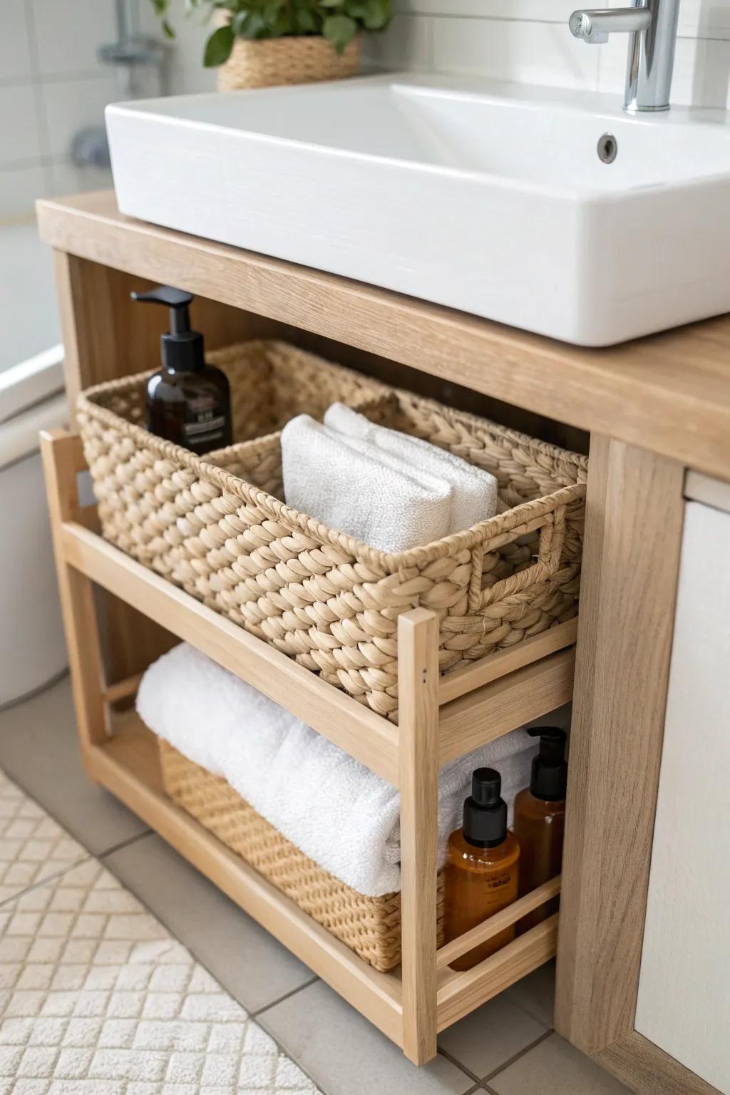 A slim under-sink organizer keeps the floor visible—instantly making a tiny bathroom feel bigger.